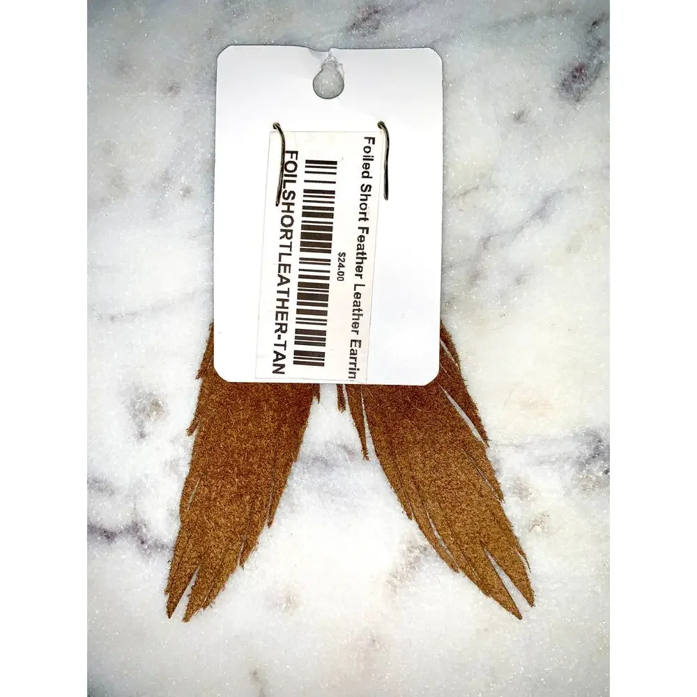 Long Shimmer Leather Gold Feather Dangle Earrings NWT